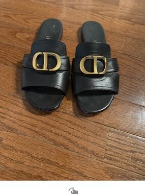 Dior Black Leather Slide Sandals with Gold CD fits 6 1/2 as runs large